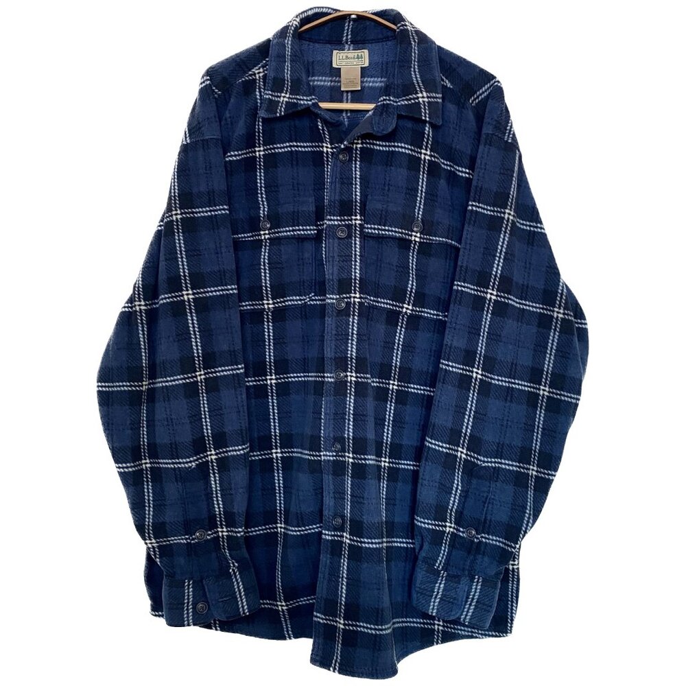 L.L. Bean Fleece Jacket Men Large Blue Plaid Cozy Shirt Shacket Gorpcore 90s